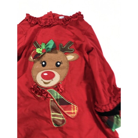 Rare Too Xmas Outfit Girls 3t Polka Dot Plaid Pant Red Top Reindeer Ruffle Hems - Picture 4 of 6